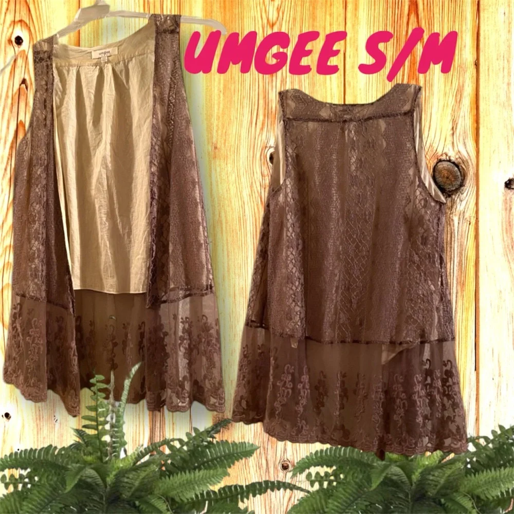 ♥️ UMGEE Victorian style Tan Ivory Lace Sleeveless Layer Top Cover Women SZ:S-M
